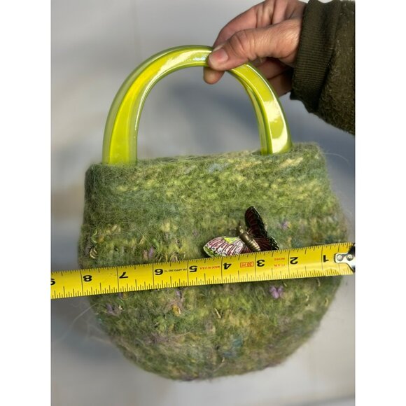Handcrafted Green Wool Felt Handbag Y2K 2000s Butterfly Accent & Plastic Handles - Picture 4 of 7